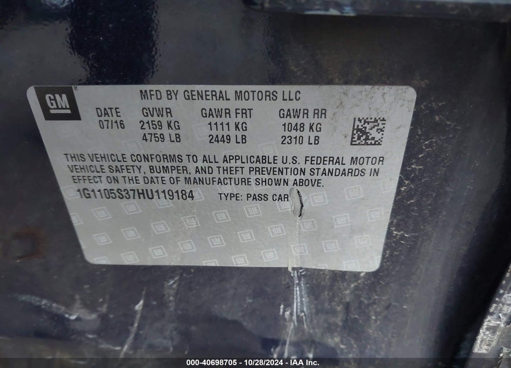 2017 CHEVROLET IMPALA VIN: 1G1105S37HU119184
