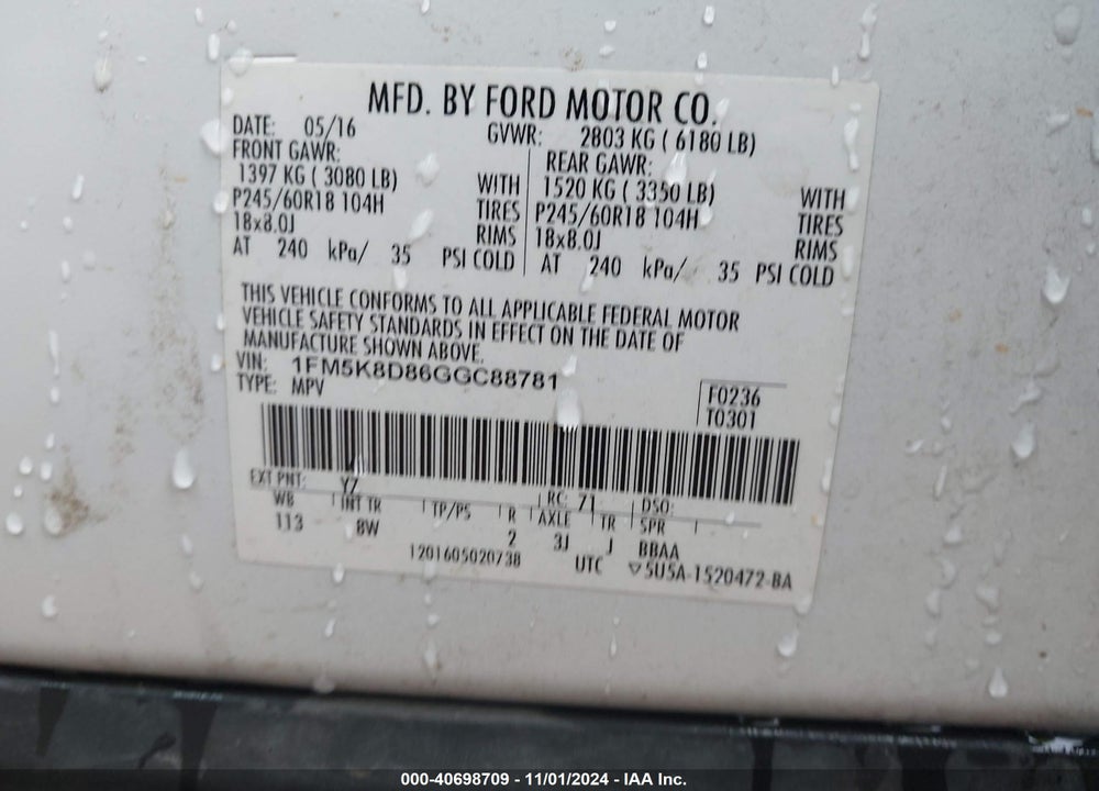 2016 FORD EXPLORER XLT VIN: 1FM5K8D86GGC88781