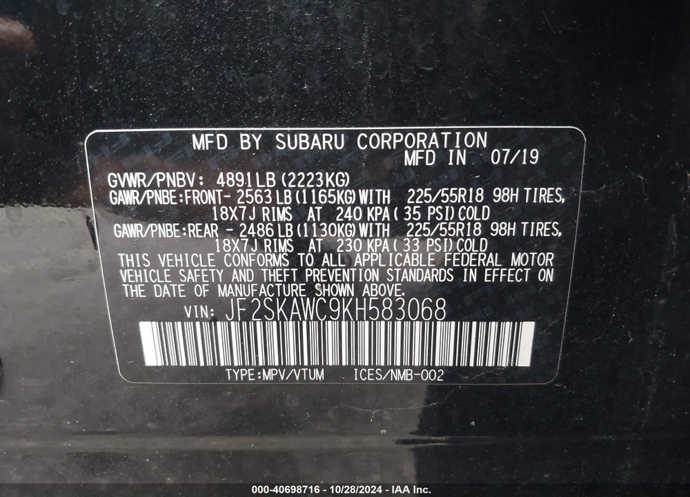 2019 SUBARU FORESTER TOURING VIN: JF2SKAWC9KH583068