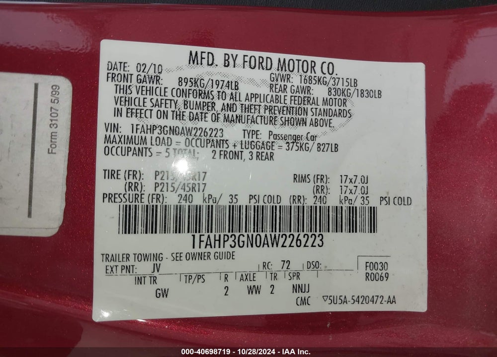 2010 FORD FOCUS SES VIN: 1FAHP3GN0AW226223