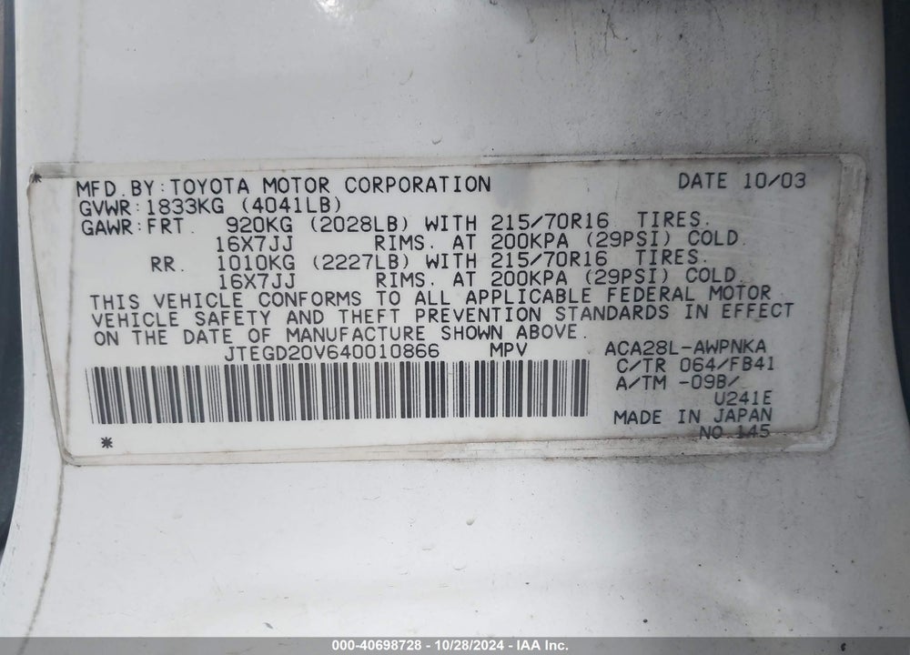 2004 TOYOTA RAV4 VIN: JTEGD20V640010866