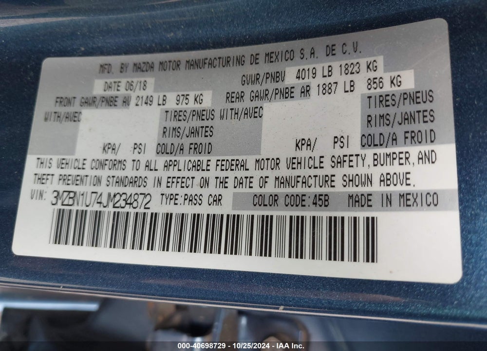 2018 MAZDA 3 SPORT VIN: 3MZBN1U74JM234872