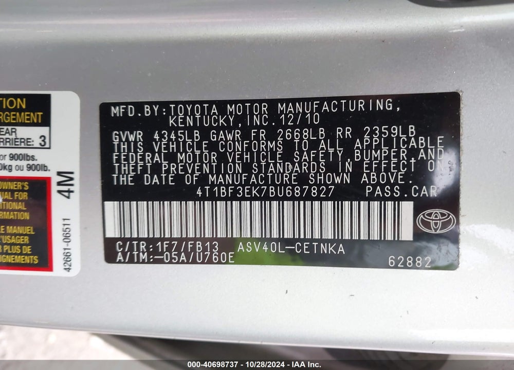 2011 TOYOTA CAMRY LE VIN: 4T1BF3EK7BU687827