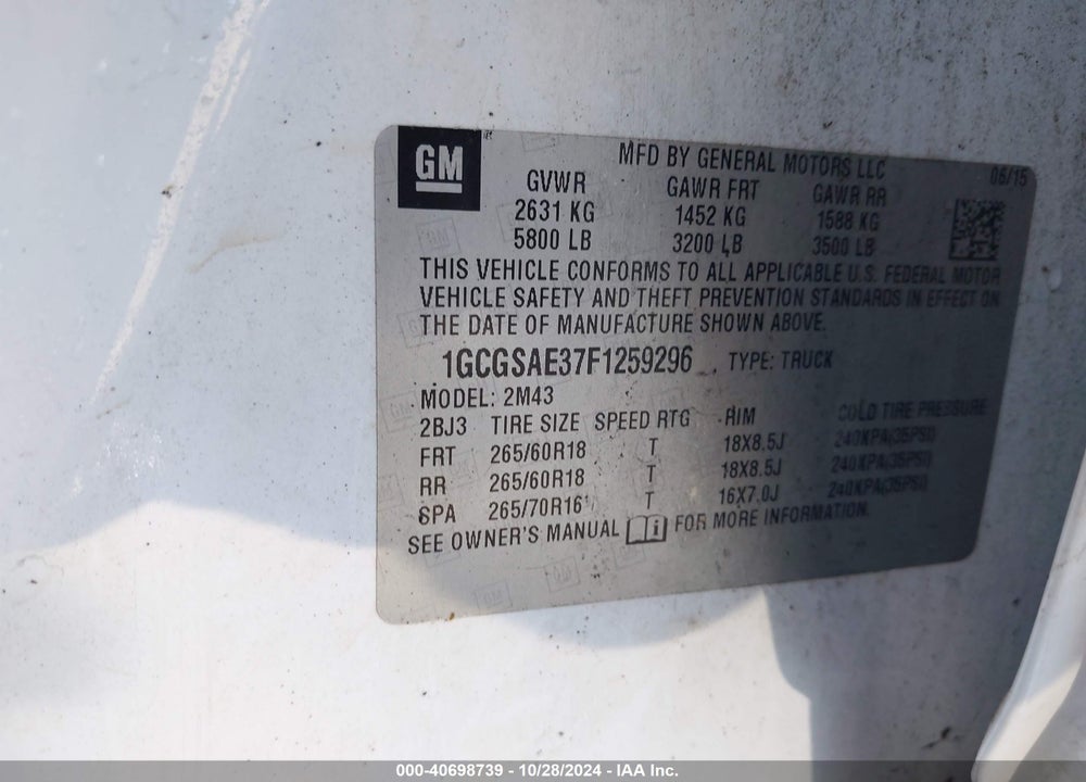 2015 CHEVROLET COLORADO WT VIN: 1GCGSAE37F1259296