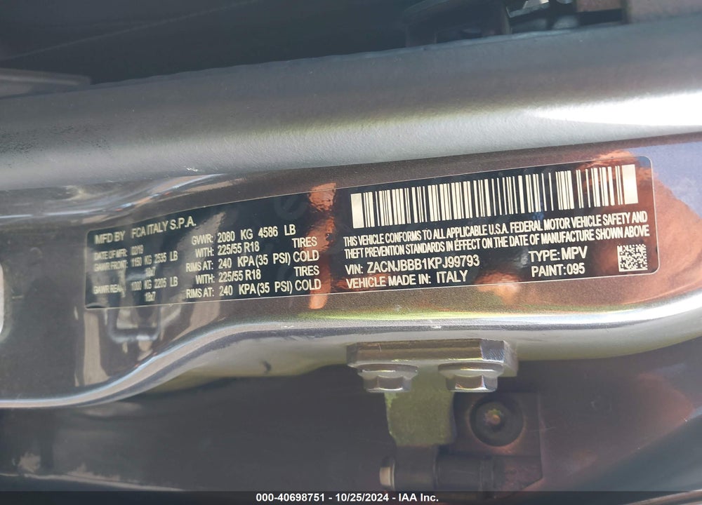 2019 JEEP RENEGADE ALTITUDE 4X4 VIN: ZACNJBBB1KPJ99793