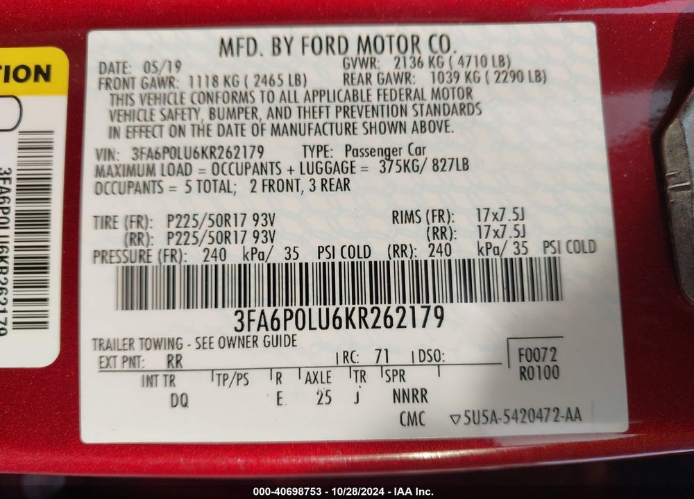 2019 FORD FUSION HYBRID SE VIN: 3FA6P0LU6KR262179