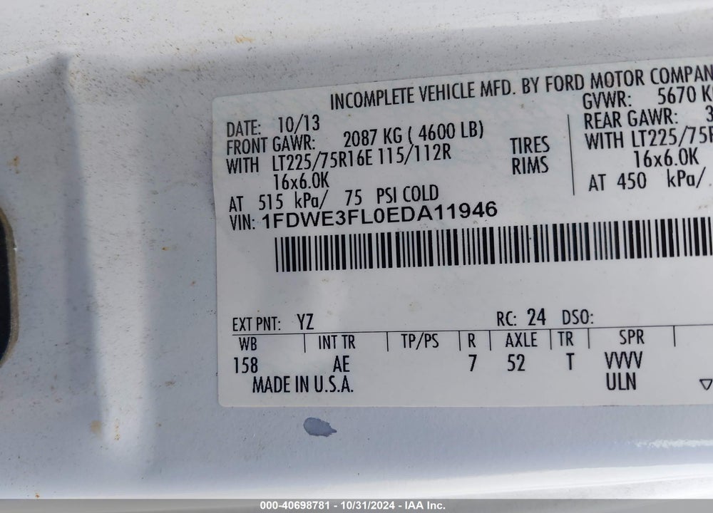 2014 FORD E-350 CUTAWAY VIN: 1FDWE3FL0EDA11946