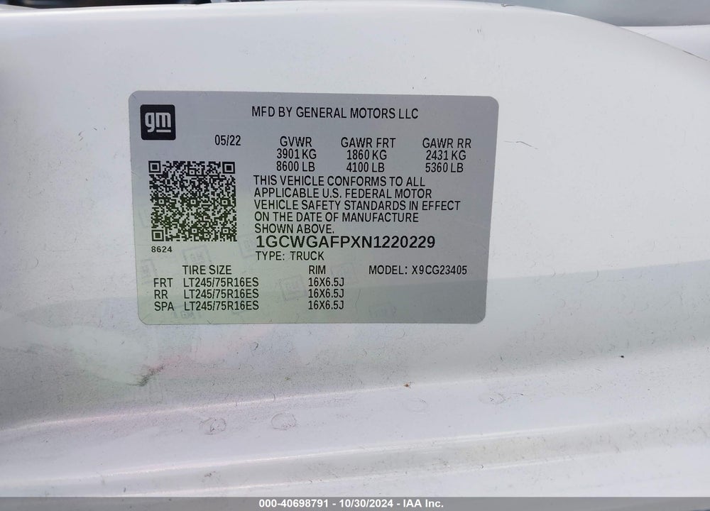 2022 CHEVROLET EXPRESS CARGO RWD 2500 REGULAR WHEELBASE WT VIN: 1GCWGAFPXN1220229