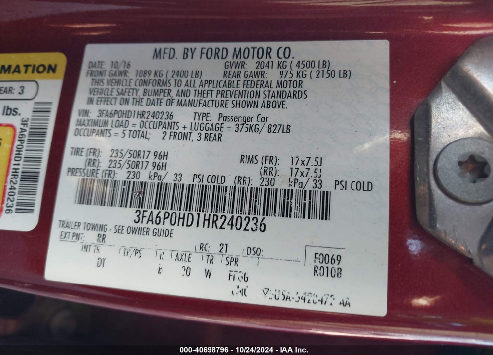 2017 FORD FUSION SE VIN: 3FA6P0HD1HR240236