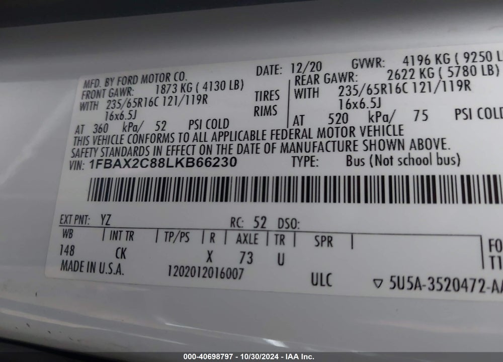 2020 FORD TRANSIT-350 PASSENGER VAN XLT VIN: 1FBAX2C88LKB66230