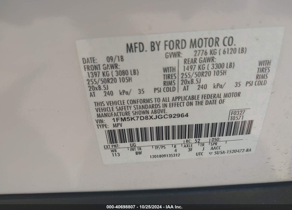 2018 FORD EXPLORER XLT VIN: 1FM5K7D8XJGC92964
