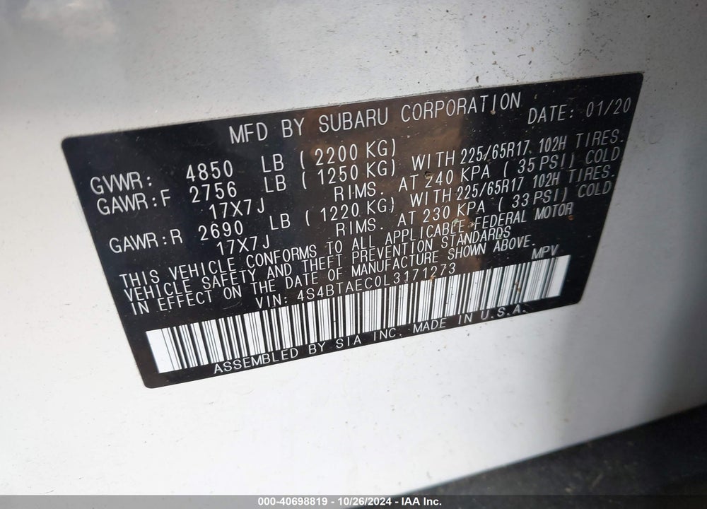 2020 SUBARU OUTBACK PREMIUM VIN: 4S4BTAEC0L3171273