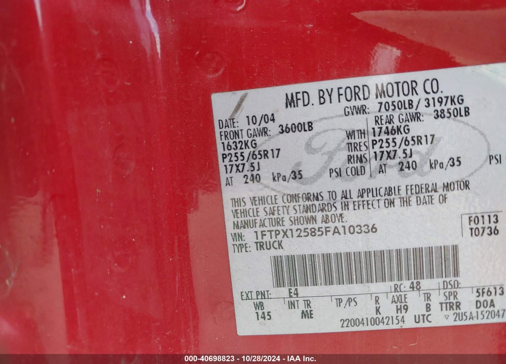 2005 FORD F-150 LARIAT/XL/XLT VIN: 1FTPX12585FA10336