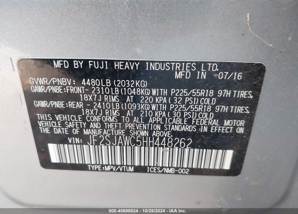 2017 SUBARU FORESTER VIN: JF2SJAWC5HH448262