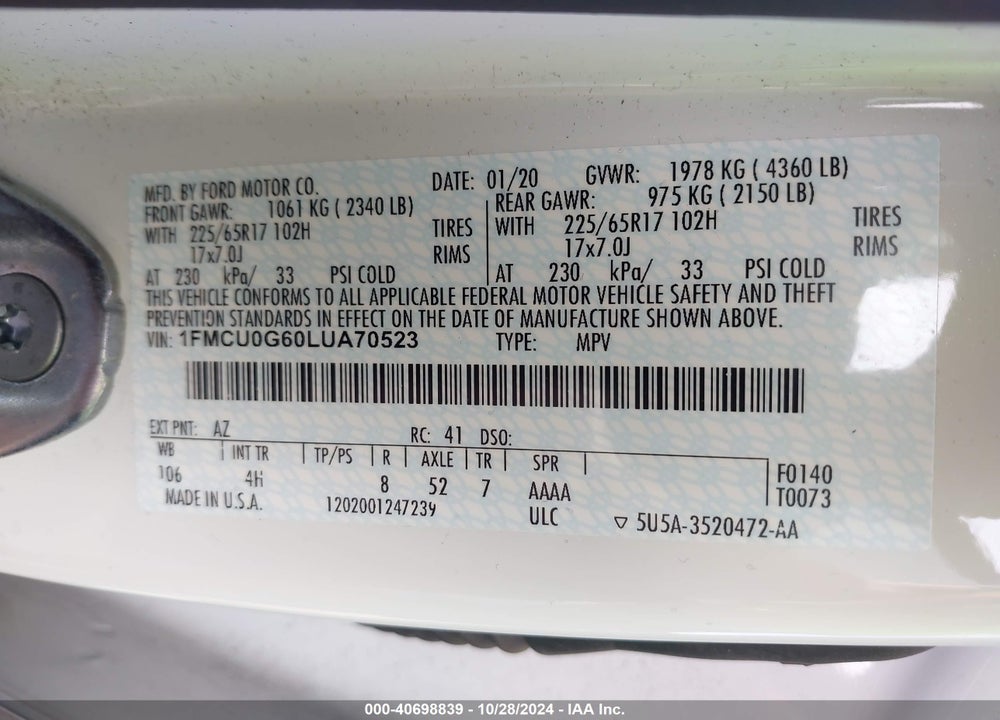 2020 FORD ESCAPE SE VIN: 1FMCU0G60LUA70523