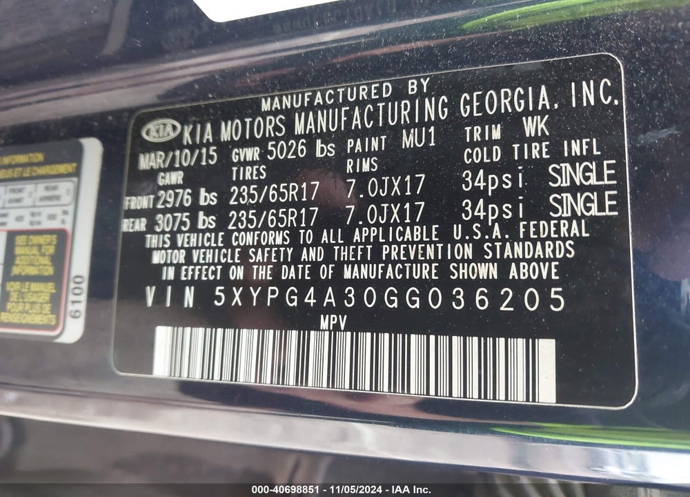 2016 KIA SORENTO 2.4L LX VIN: 5XYPG4A30GG036205