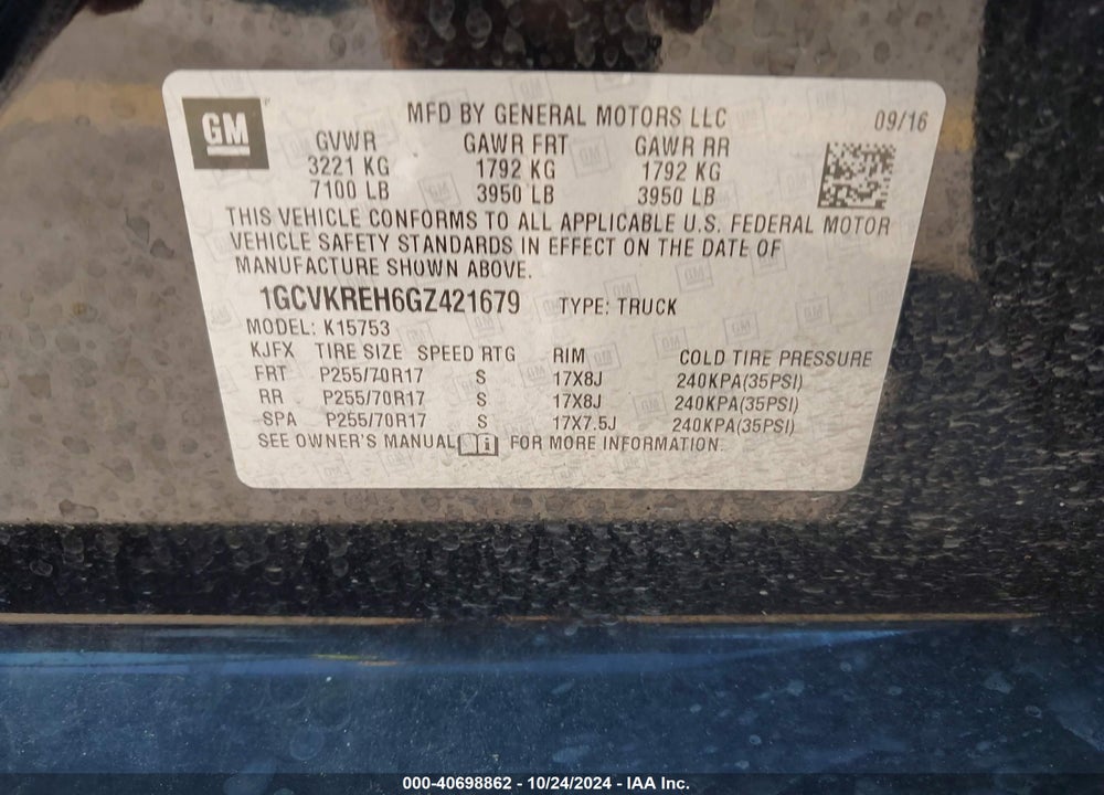 2016 CHEVROLET SILVERADO 1500 1LT VIN: 1GCVKREH6GZ421679