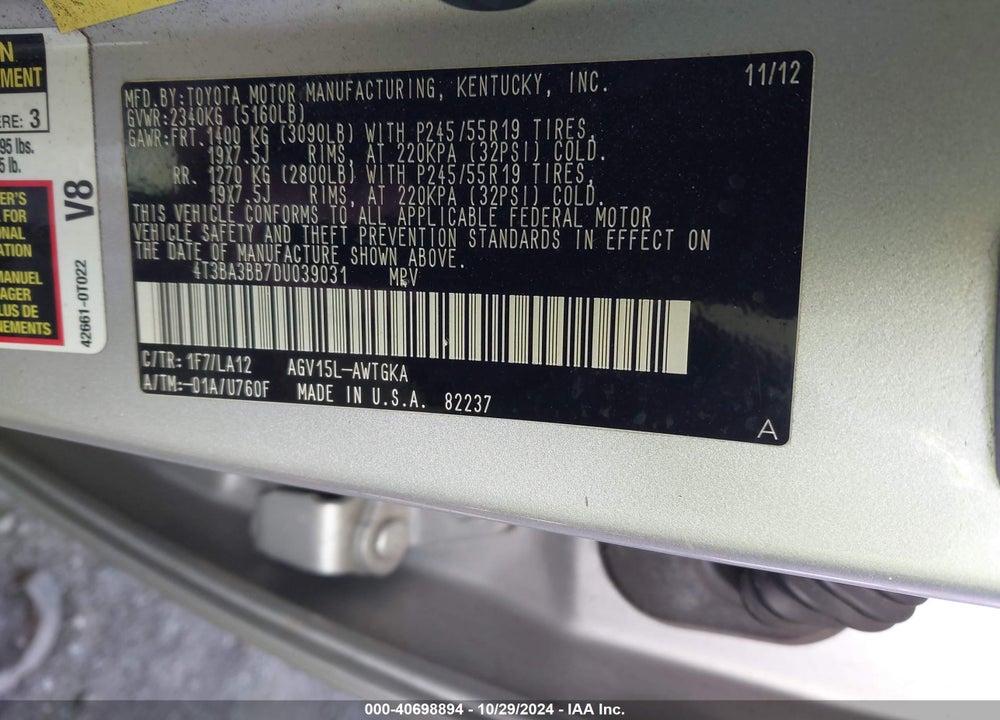2013 TOYOTA VENZA XLE VIN: 4T3BA3BB7DU039031