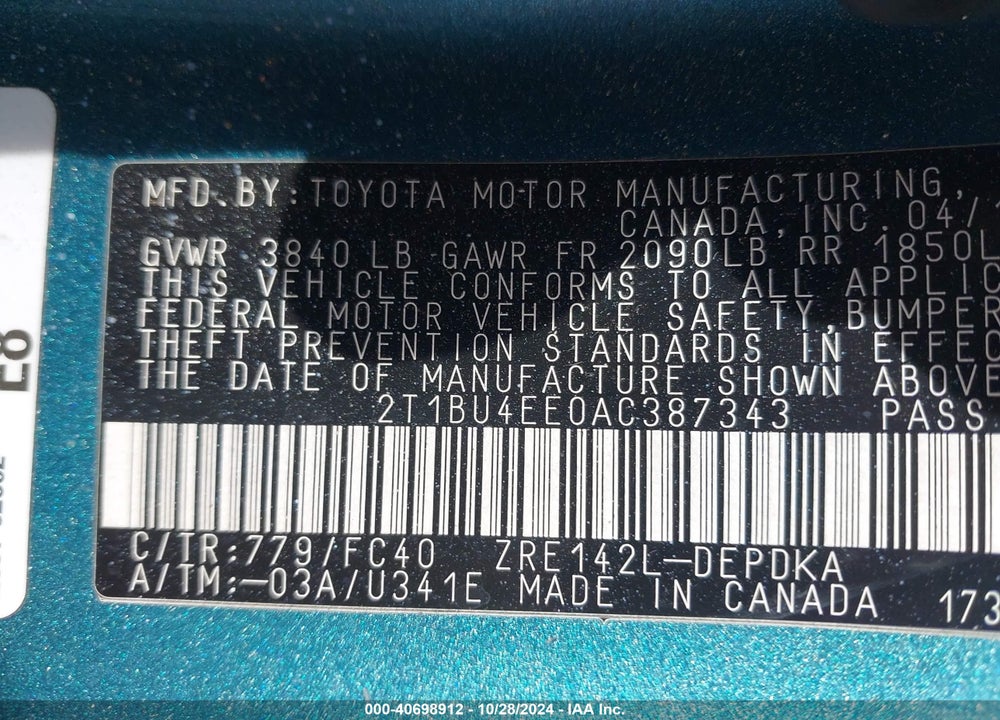 2010 TOYOTA COROLLA LE VIN: 2T1BU4EE0AC387343