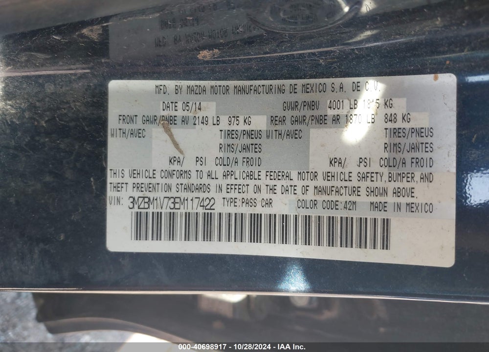 2014 MAZDA 3 I TOURING VIN: 3MZBM1V73EM117422