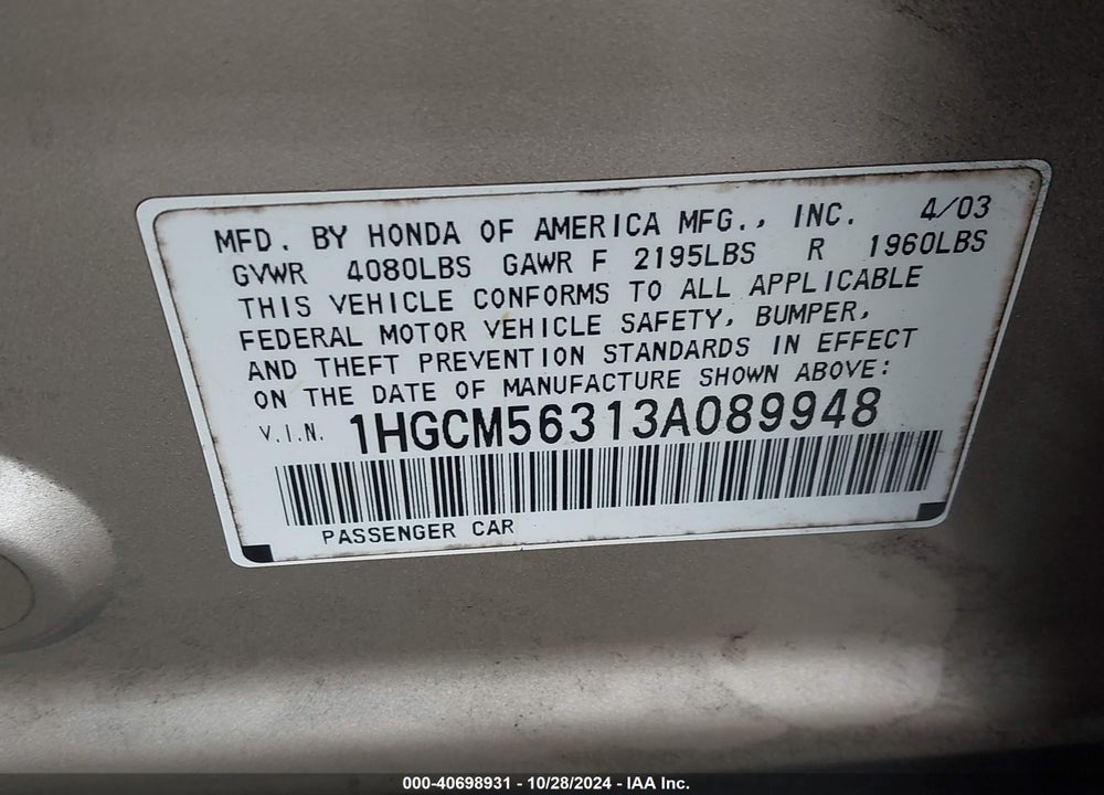 2003 HONDA ACCORD 2.4 LX VIN: 1HGCM56313A089948
