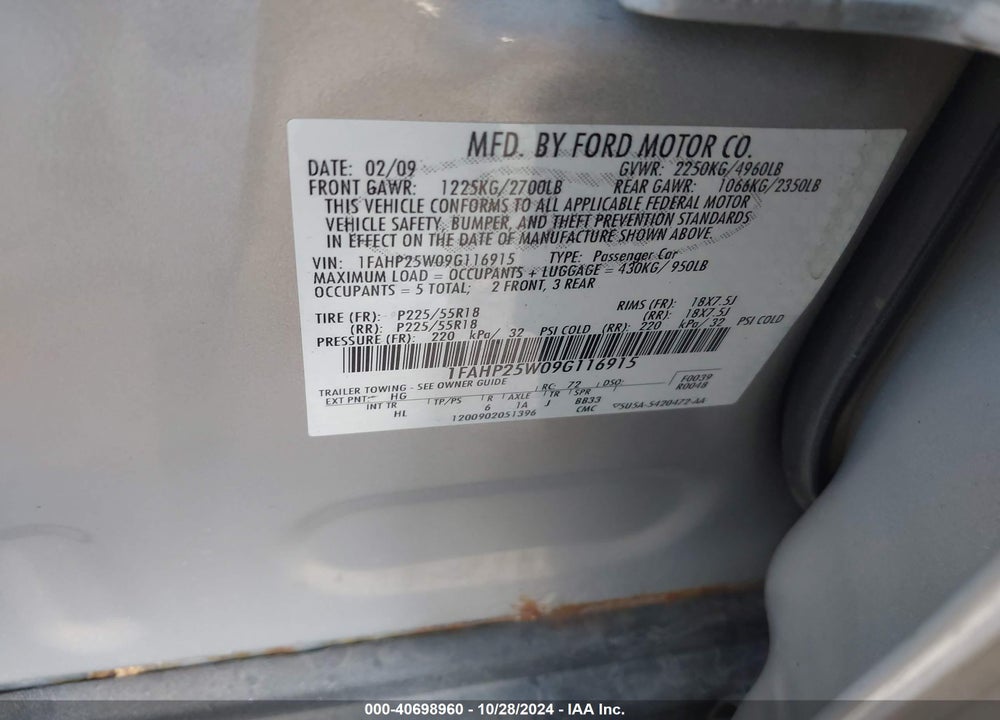 2009 FORD TAURUS LIMITED VIN: 1FAHP25W09G116915