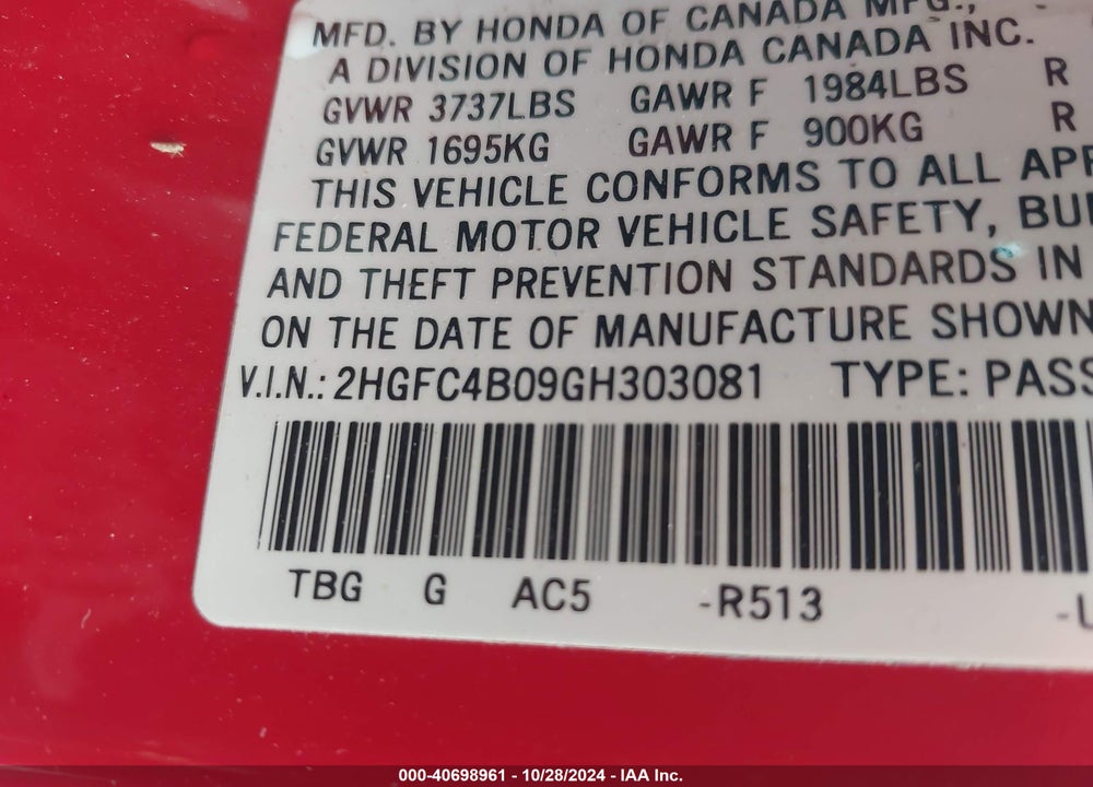 2016 HONDA CIVIC LX-P VIN: 2HGFC4B09GH303081