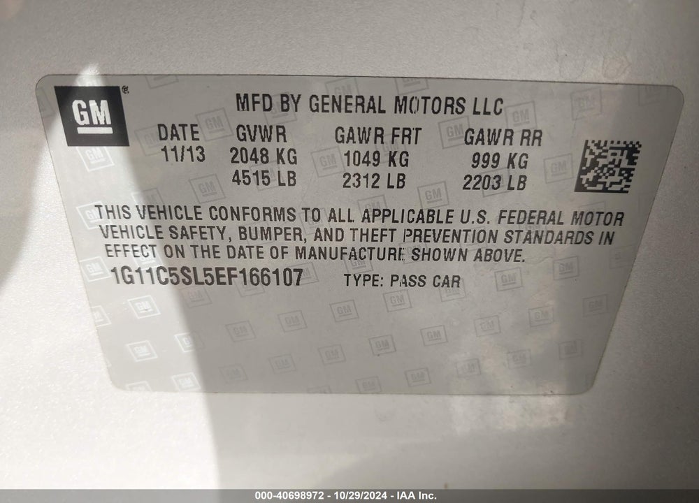 2014 CHEVROLET MALIBU 1LT VIN: 1G11C5SL5EF166107