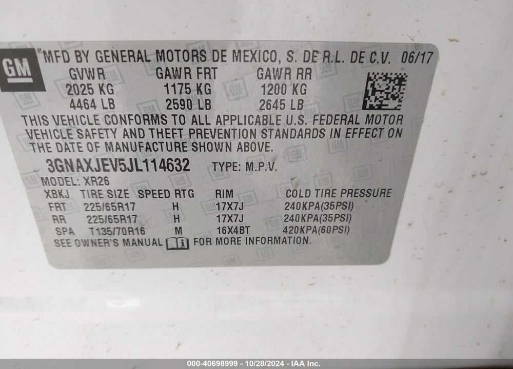 2018 CHEVROLET EQUINOX LT VIN: 3GNAXJEV5JL114632