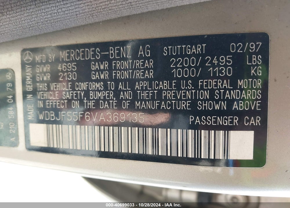 1997 MERCEDES-BENZ E 320 VIN: WDBJF55F6VA369135