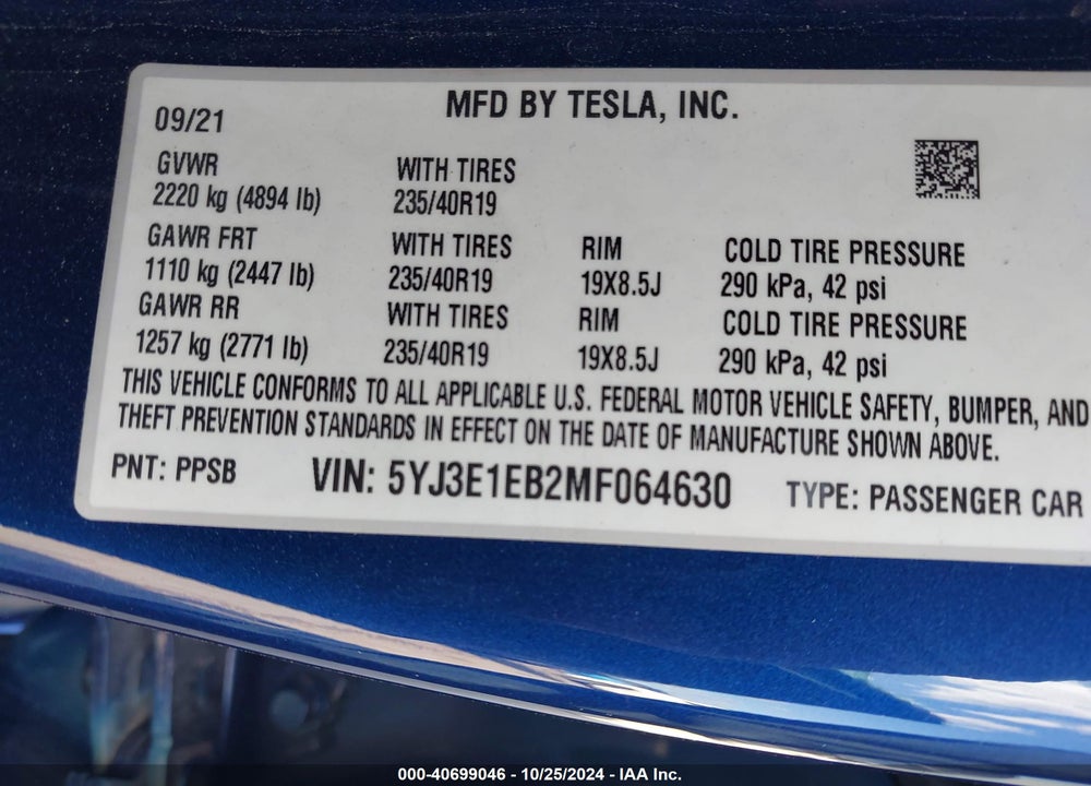 2021 TESLA MODEL 3 LONG RANGE DUAL MOTOR ALL-WHEEL DRIVE VIN: 5YJ3E1EB2MF064630