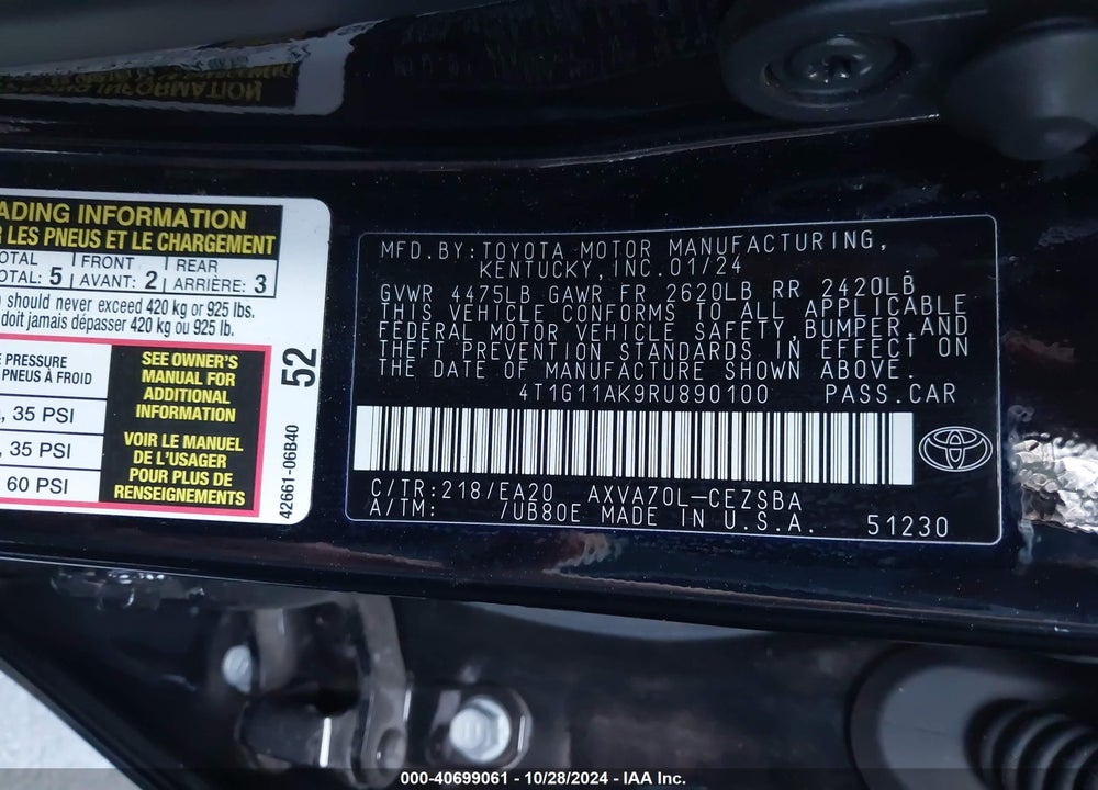 2024 TOYOTA CAMRY SE VIN: 4T1G11AK9RU890100