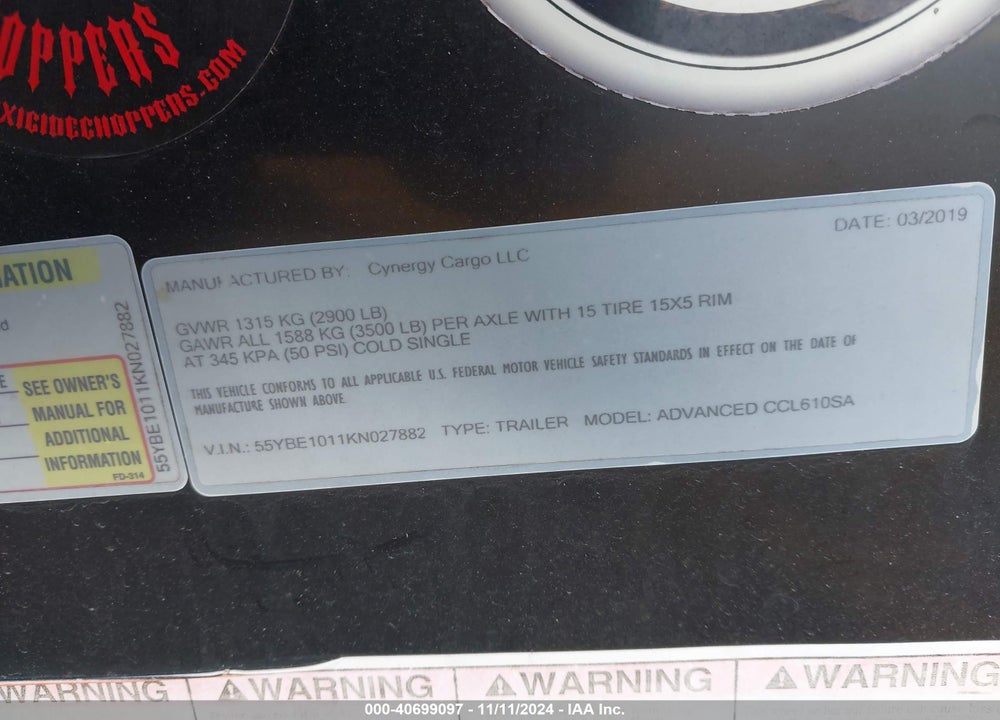 2019 CYNERGY CARGO LLC --- VIN: 55YBE1011KN027882