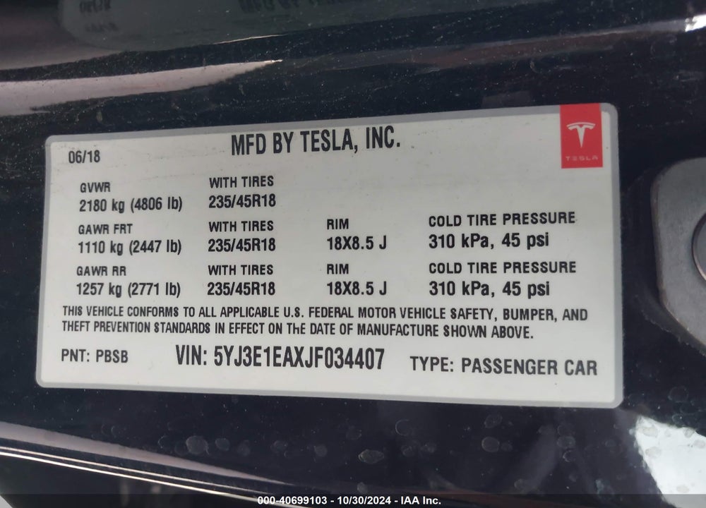 2018 TESLA MODEL 3 LONG RANGE/MID RANGE VIN: 5YJ3E1EAXJF034407
