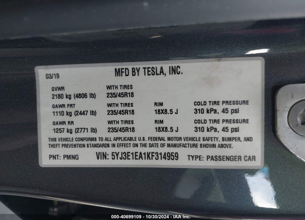 2019 TESLA MODEL 3 LONG RANGE/MID RANGE/STANDARD RANGE/STANDARD RANGE PLUS VIN: 5YJ3E1EA1KF314959
