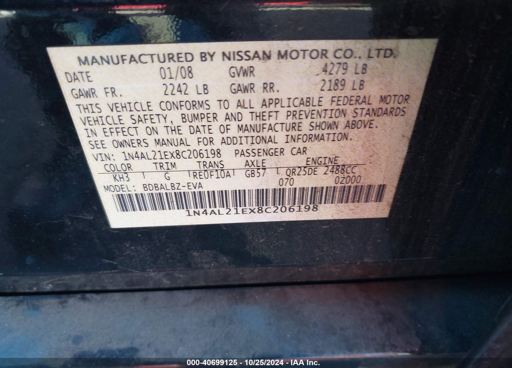 2008 NISSAN ALTIMA 2.5 S VIN: 1N4AL21EX8C206198
