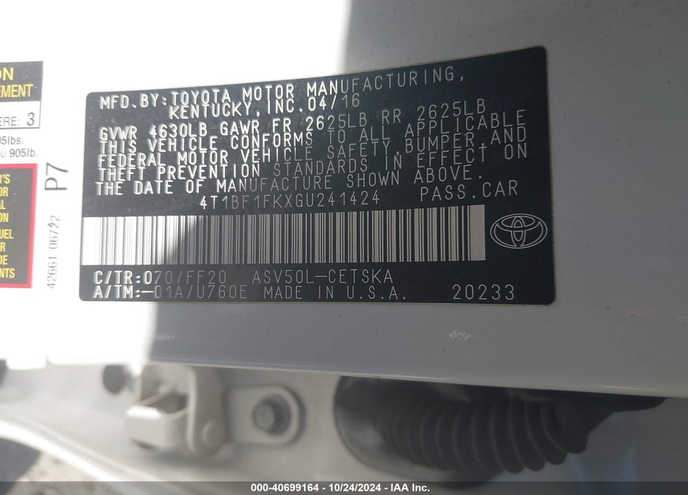 2016 TOYOTA CAMRY SE VIN: 4T1BF1FKXGU241424