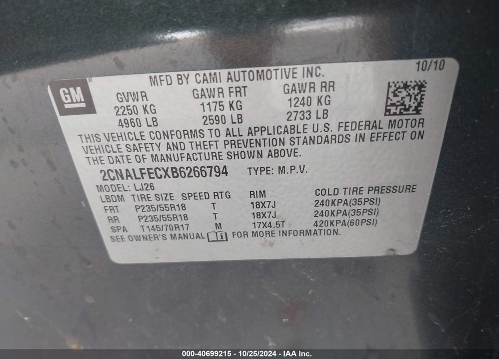 2011 CHEVROLET EQUINOX LTZ VIN: 2CNALFECXB6266794