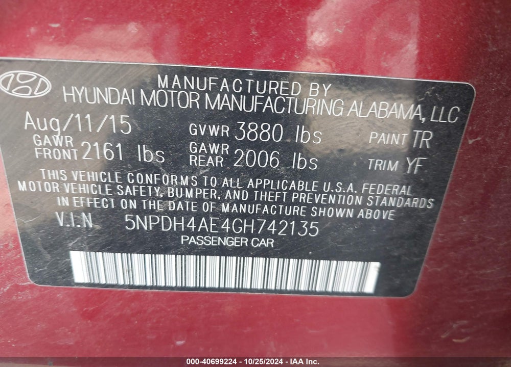 2016 HYUNDAI ELANTRA SE VIN: 5NPDH4AE4GH742135