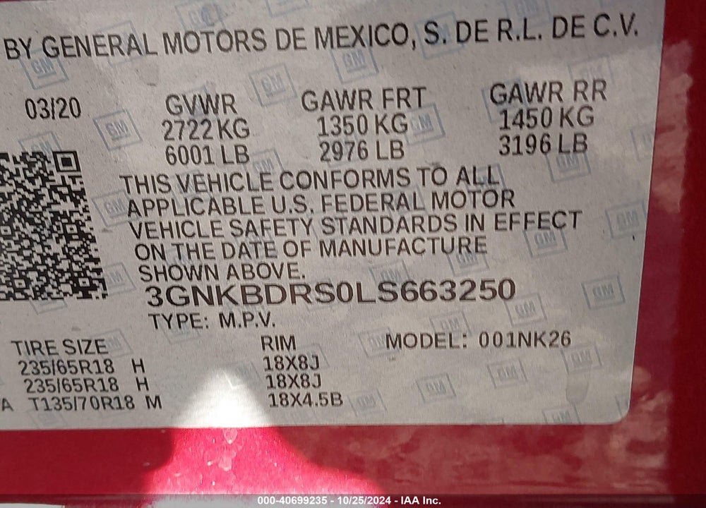 2020 CHEVROLET BLAZER FWD 3LT VIN: 3GNKBDRS0LS663250