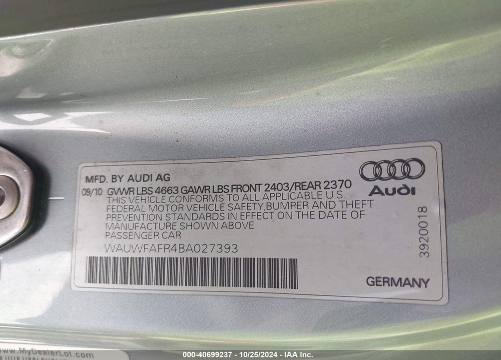 2011 AUDI A5 2.0T PREMIUM VIN: WAUWFAFR4BA027393
