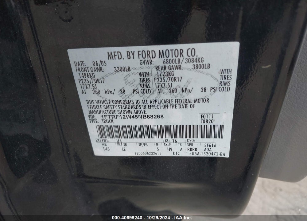 2005 FORD F-150 STX/XL/XLT VIN: 1FTRF12W45NB88268