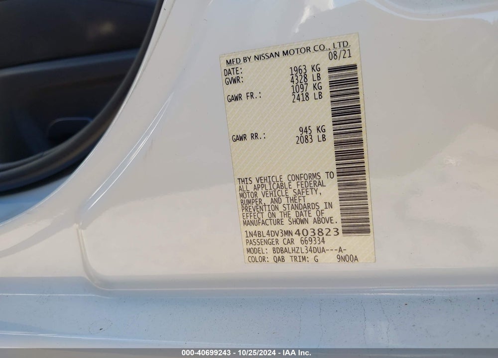 2021 NISSAN ALTIMA SV FWD VIN: 1N4BL4DV3MN403823