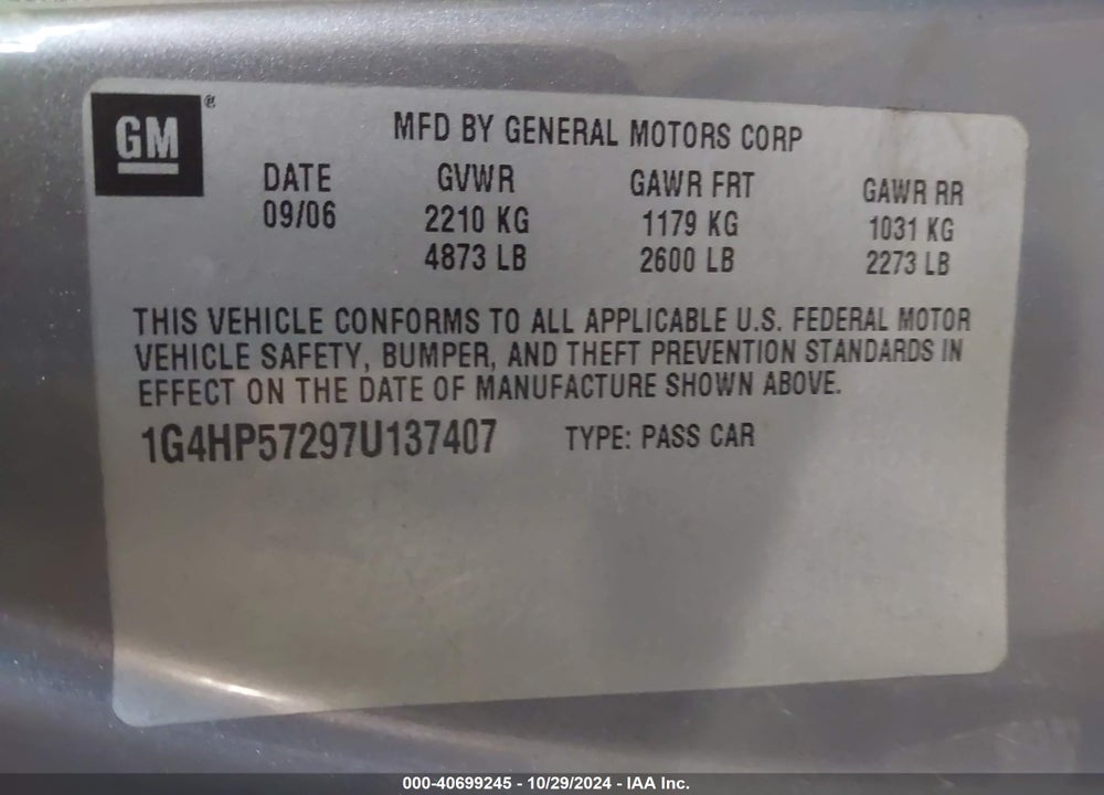 2007 BUICK LUCERNE CX VIN: 1G4HP57297U137407