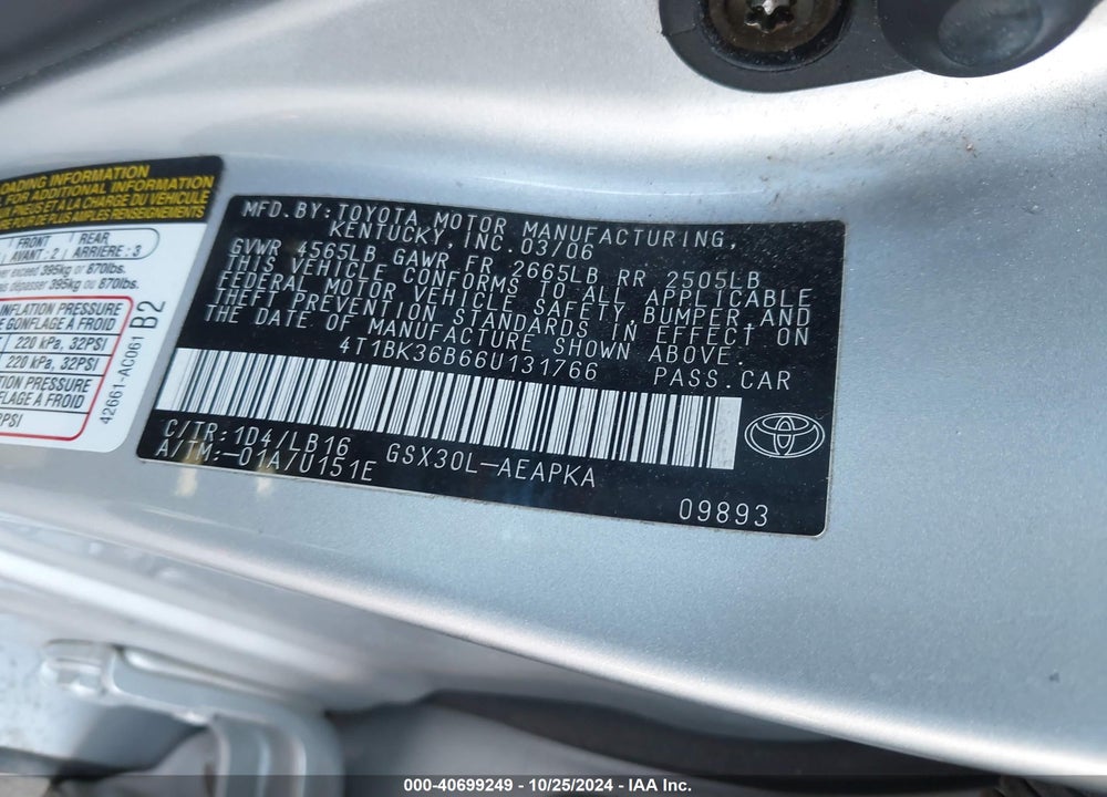 2006 TOYOTA AVALON LIMITED VIN: 4T1BK36B66U131766