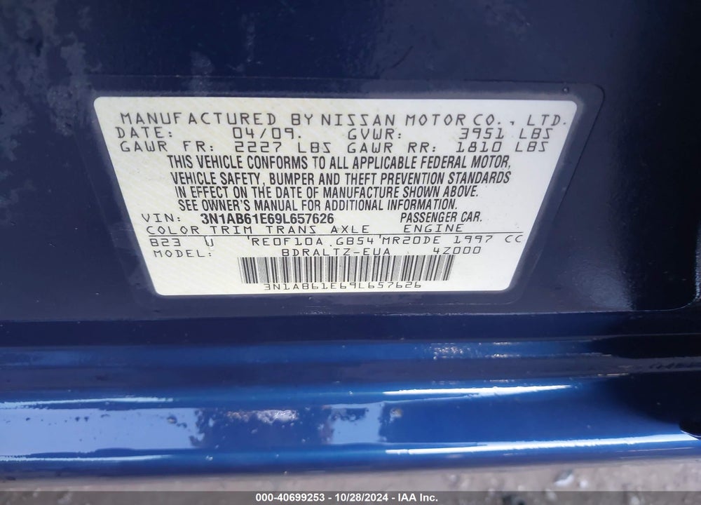 2009 NISSAN SENTRA VIN: 3N1AB61E69L657626
