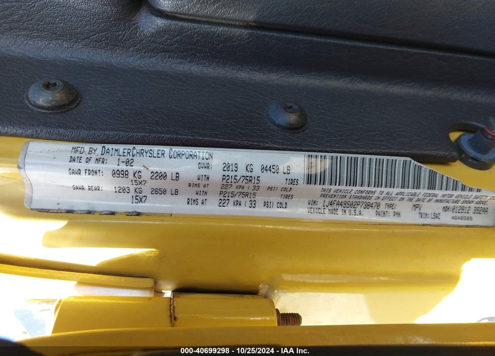 2002 JEEP WRANGLER SPORT VIN: 1J4FA49S02P738470