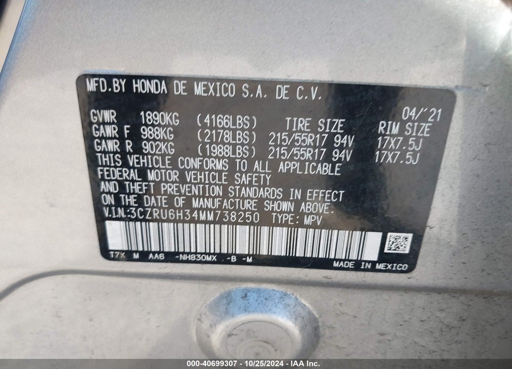2021 HONDA HR-V AWD LX VIN: 3CZRU6H34MM738250