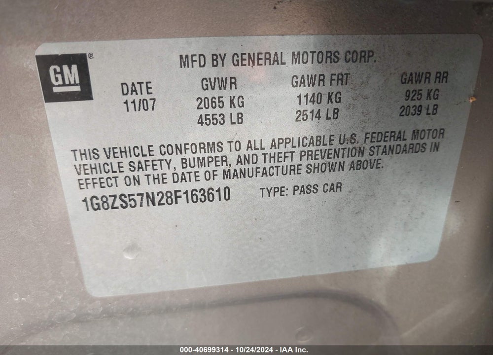 2008 SATURN AURA XE VIN: 1G8ZS57N28F163610