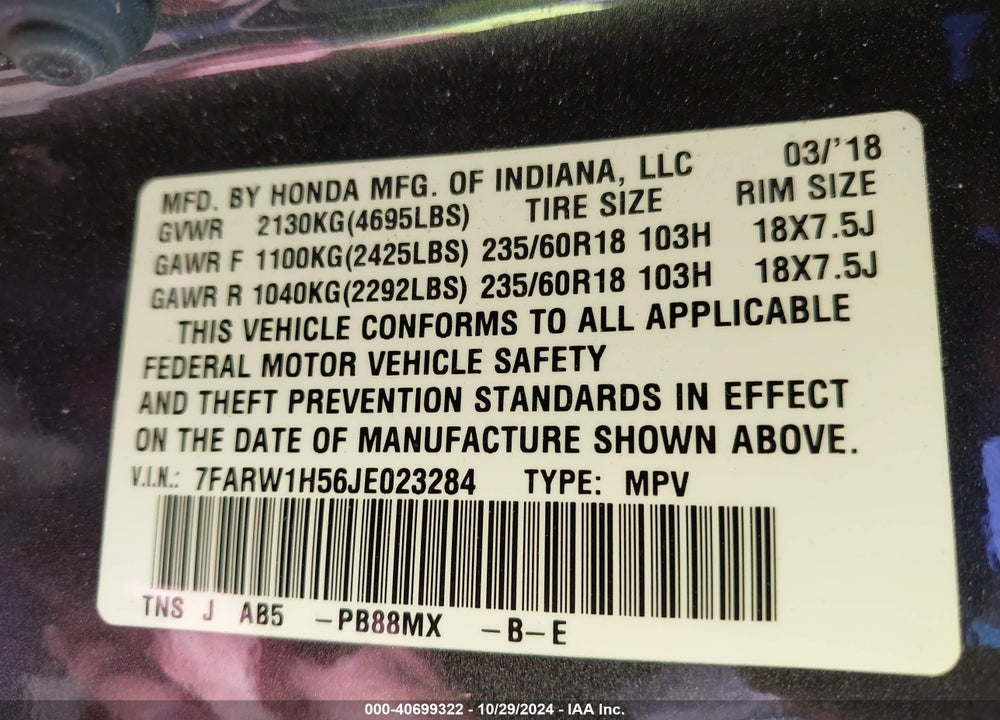 2018 HONDA CR-V EX VIN: 7FARW1H56JE023284